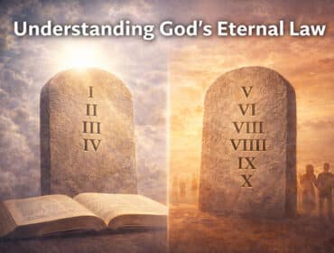 Image of the Bible and two tablets of stone containing the 10 Commandments of God along with the scales of justice