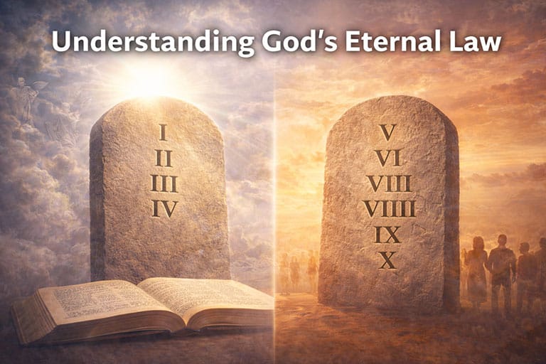 Image of the Bible and two tablets of stone containing the 10 Commandments of God along with the scales of justice