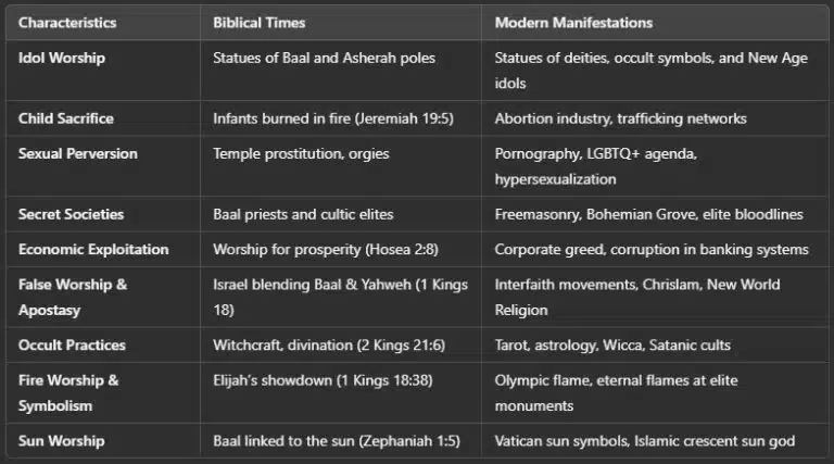 Chart showing Baal worship past and present