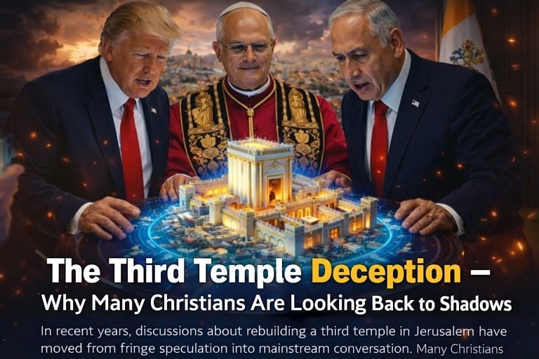 Image showing world leaders looking over the jewish 3rd temple design