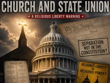 America moves closer to church and state union featuring the U.S. Capitol, church steeple, Constitution, Ten Commandments, and religious liberty warning
