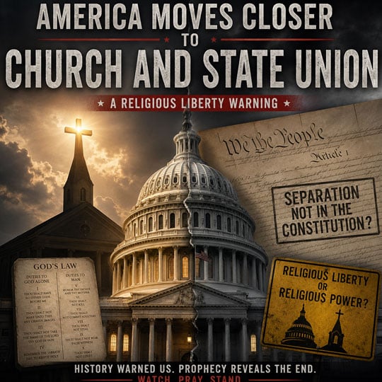 America moves closer to church and state union featuring the U.S. Capitol, church steeple, Constitution, Ten Commandments, and religious liberty warning