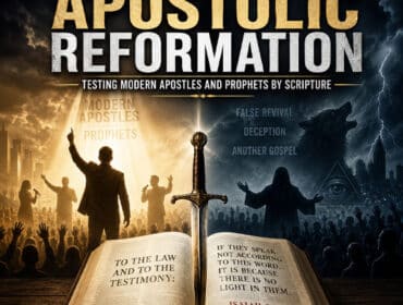 The New Apostolic Reformation article image featuring an open Bible displaying Isaiah 8:20, a sword dividing light from darkness, worship crowds, contrasting scenes representing biblical truth and deception, and the title "The New Apostolic Reformation – Testing Modern Apostles and Prophets by Scripture."