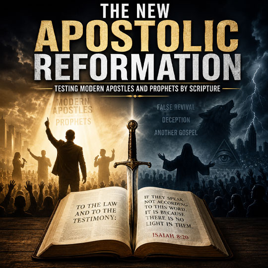 The New Apostolic Reformation article image featuring an open Bible displaying Isaiah 8:20, a sword dividing light from darkness, worship crowds, contrasting scenes representing biblical truth and deception, and the title "The New Apostolic Reformation – Testing Modern Apostles and Prophets by Scripture."
