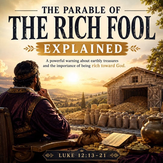 The Parable of the Rich Fool Explained – Jesus' warning against covetousness as a wealthy man contemplates his abundant harvest and earthly treasures in Luke 12:13–21