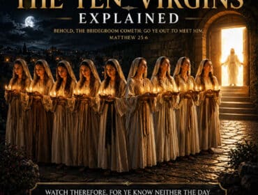 The Parable of the Ten Virgins Explained – Jesus stands at the open door as five wise and five foolish virgins hold their lamps awaiting the Bridegroom in Matthew 25.