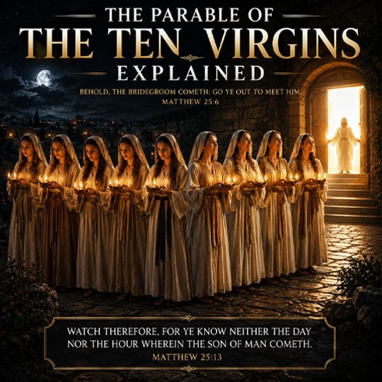 The Parable of the Ten Virgins Explained – Jesus stands at the open door as five wise and five foolish virgins hold their lamps awaiting the Bridegroom in Matthew 25.