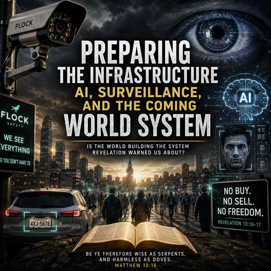 Artificial intelligence, Flock surveillance cameras, facial recognition, hyperscale data centers, digital tracking, and Bible prophecy about the coming world system of Revelation 13