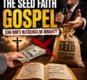 Illustration contrasting the biblical gospel with the Seed Faith Gospel, showing money offered for blessings, an open Bible, the cross of Christ, and the question, "Can God's Blessings Be Bought?"
