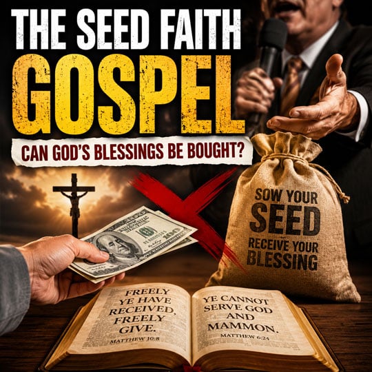 Illustration contrasting the biblical gospel with the Seed Faith Gospel, showing money offered for blessings, an open Bible, the cross of Christ, and the question, "Can God's Blessings Be Bought?"