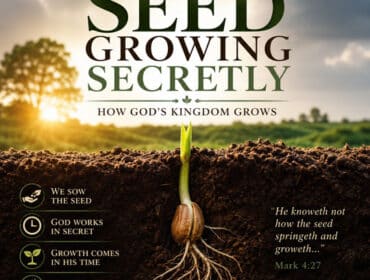 Illustration of a seed sprouting beneath the soil with roots growing unseen below the surface and new life emerging above the ground at sunrise, symbolizing Jesus' Parable of the Seed Growing Secretly and the quiet, unseen growth of God's kingdom through His Word (Mark 4:26–29).