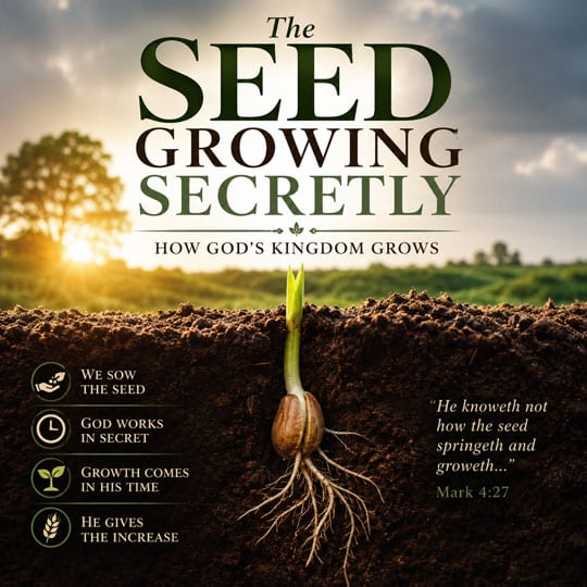 Illustration of a seed sprouting beneath the soil with roots growing unseen below the surface and new life emerging above the ground at sunrise, symbolizing Jesus' Parable of the Seed Growing Secretly and the quiet, unseen growth of God's kingdom through His Word (Mark 4:26–29).