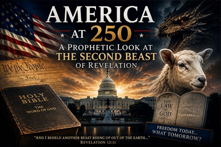 America at 250 prophetic look at the second beast of Revelation with Capitol, lamb, dragon, Bible and Ten Commandments