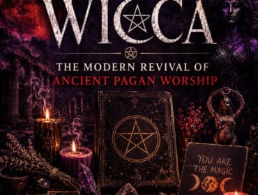 Illustration depicting the modern revival of ancient pagan worship through Wicca, featuring occult symbols, a goddess figure, candles, tarot cards, crystals, a pentagram, and ancient temple ruins under a dark red moon, symbolizing the Bible's warning against modern witchcraft and pagan spirituality.
