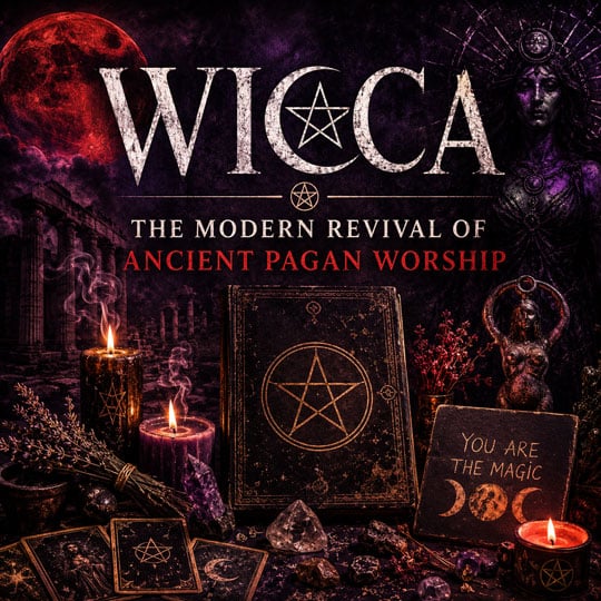 Illustration depicting the modern revival of ancient pagan worship through Wicca, featuring occult symbols, a goddess figure, candles, tarot cards, crystals, a pentagram, and ancient temple ruins under a dark red moon, symbolizing the Bible's warning against modern witchcraft and pagan spirituality.